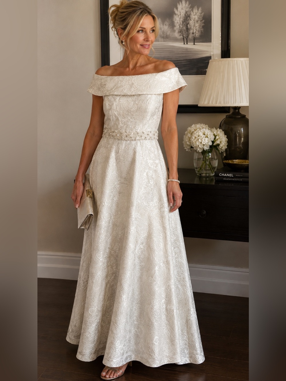 Teri Jon by Rickie Freeman Ivory With Silver Metallic Off-The-Shoulder Gown 12